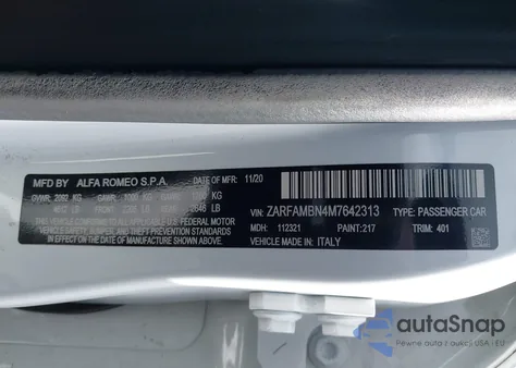 2021 Alfa Romeo Giulia Ti Sport Rwd z USA, uszkodzony, nr VIN ZARFAMBN4M7642313